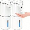 A white touchless automatic soap dispenser is shown next to a hand dispensing soap.