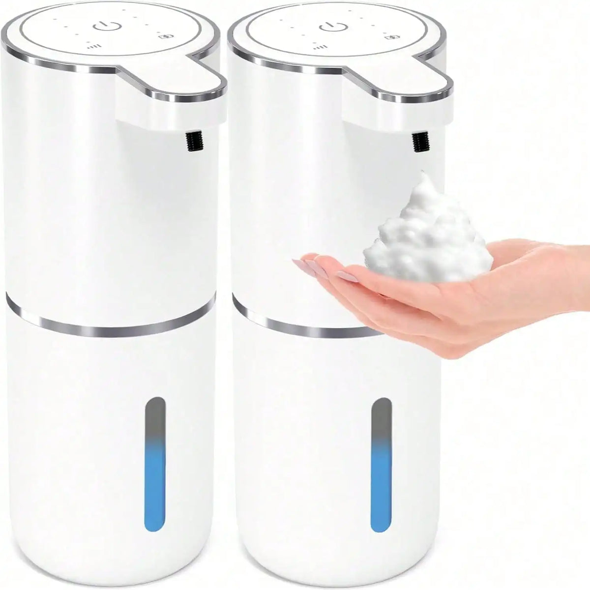 A white touchless automatic soap dispenser is shown next to a hand dispensing soap.