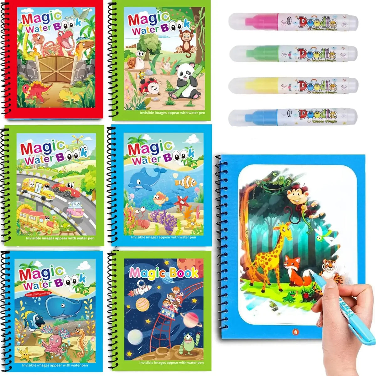 A set of Magic Water Books featuring colorful images and refillable pens for drawing.