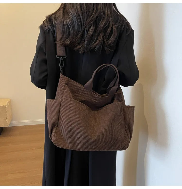 Multi-Pocket Corduroy Tote Bag – Large Capacity Casual Satchel for Travel, Work & Commute