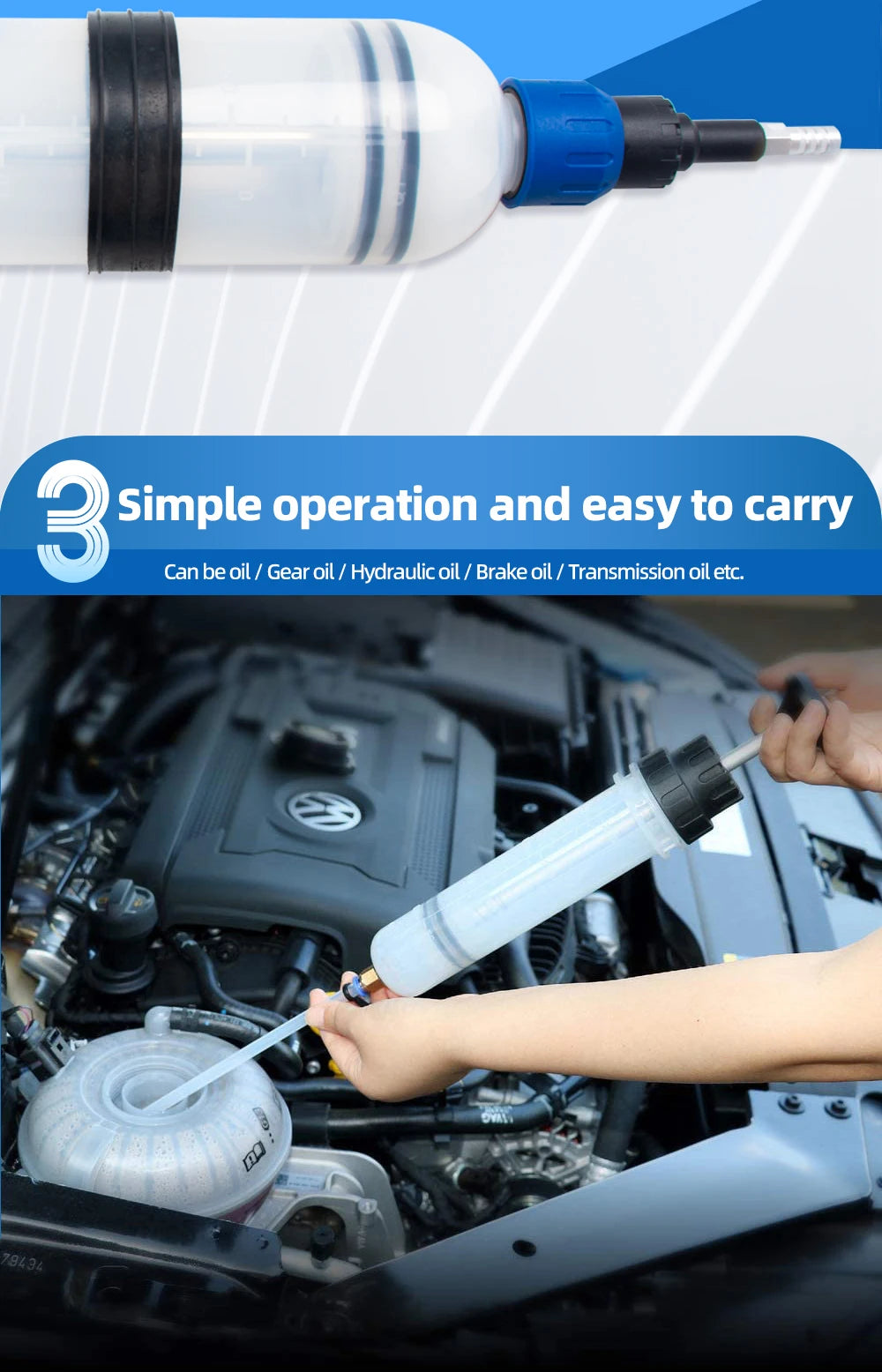 A white oil extractor pump is shown being used to draw fluid from a car engine component.