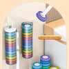 Rainbow toilet brush heads and a long handle set with wall-mounted holder for cleaning.