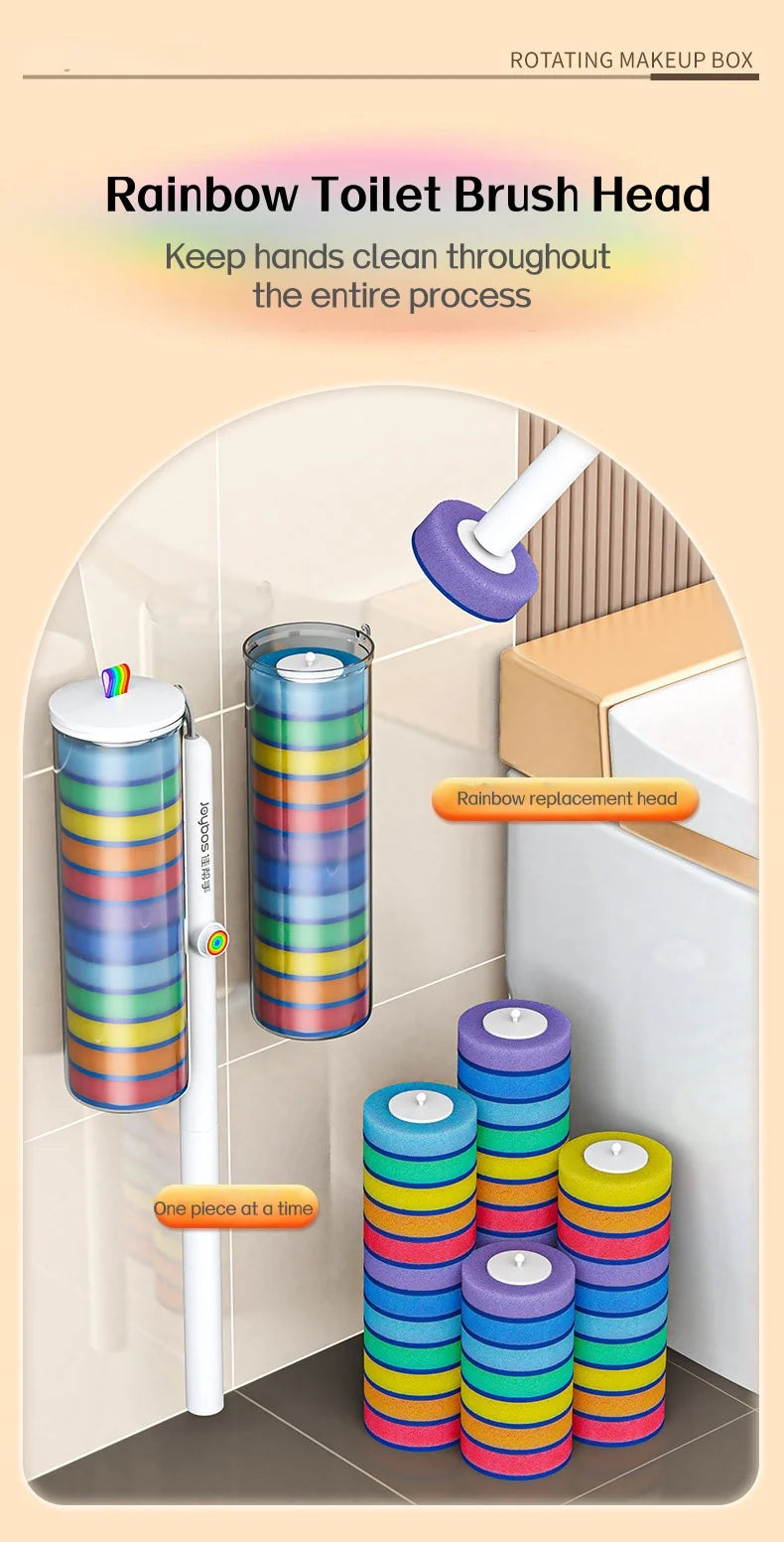 Rainbow toilet brush heads and a long handle set with wall-mounted holder for cleaning.