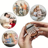 A wooden kalimba thumb piano with metal tines is shown in various contexts, including people playing it and a close-up of the