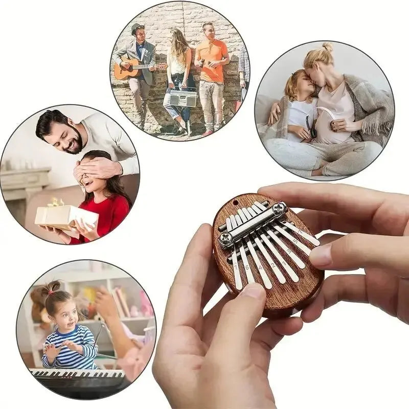 A wooden kalimba thumb piano with metal tines is shown in various contexts, including people playing it and a close-up of the