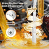 A white portable fuel transfer pump is shown dispensing oil, demonstrating strong suction power and preventing bottoming.