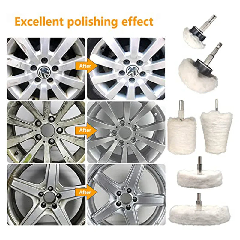 Demonstration of excellent polishing effect using cotton buffing and polishing wheels for drill on automotive parts.