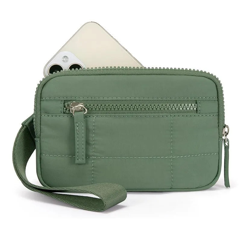 Nylon Quilted Wristlet Wallet with Three Zipper Compartments