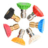 A set of five high pressure washer nozzles in various colors including green, red, blue, and yellow, with brass connectors.