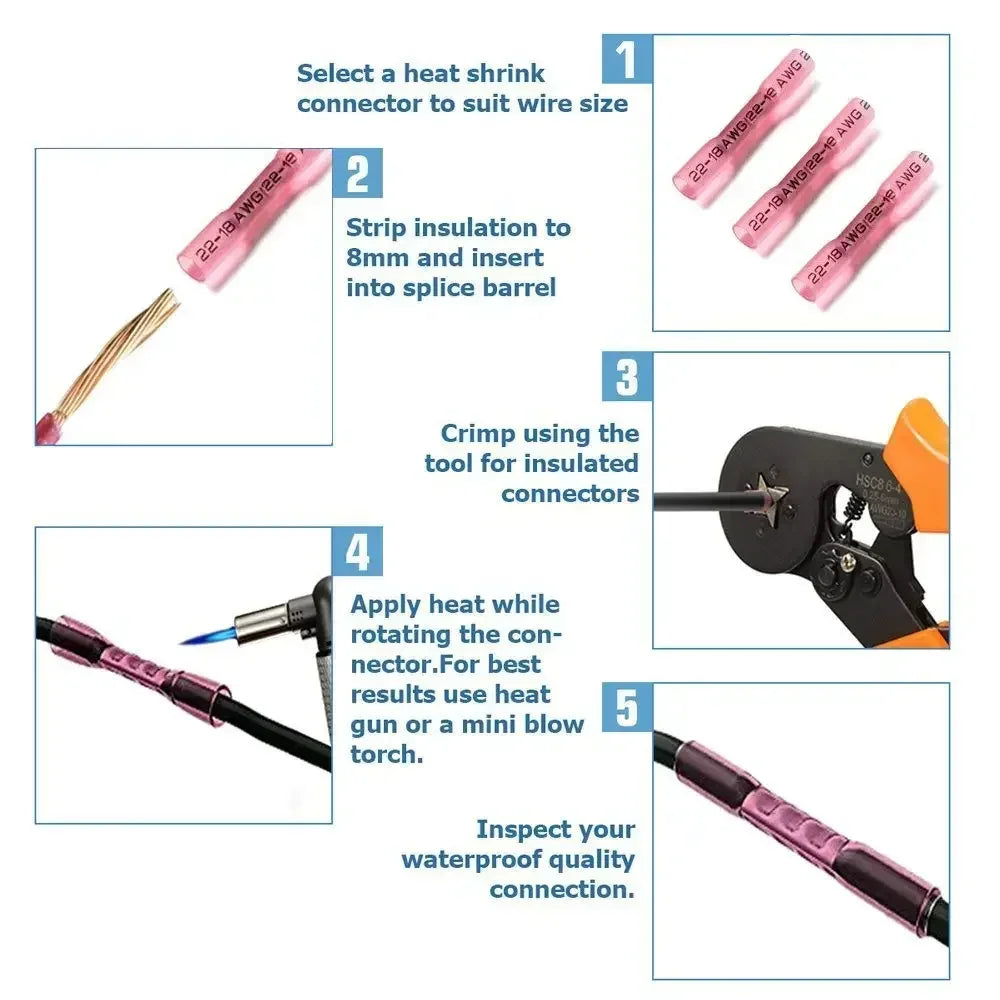 Five steps showing how to use heat shrink connectors for insulated waterproof wire connections.