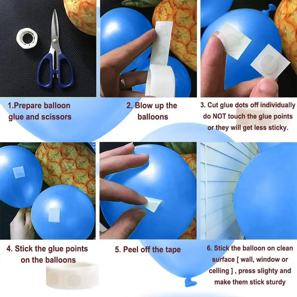 Instructions showing how to prepare, inflate, cut dots, and stick balloons using removable double-sided adhesive for DIY craf