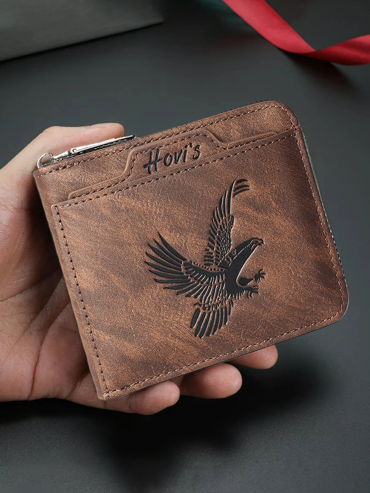 HOVIS Men's Slim Leather Wallet with Eagle Emboss and Zip Closure