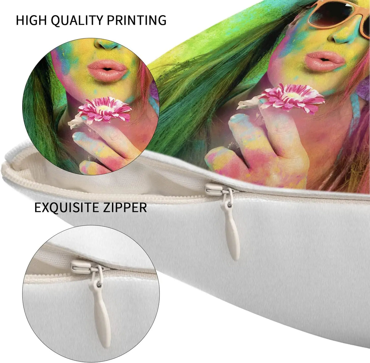A close-up of a white zippered pillow cover featuring a vibrant, colorful print of a woman's face and hand.