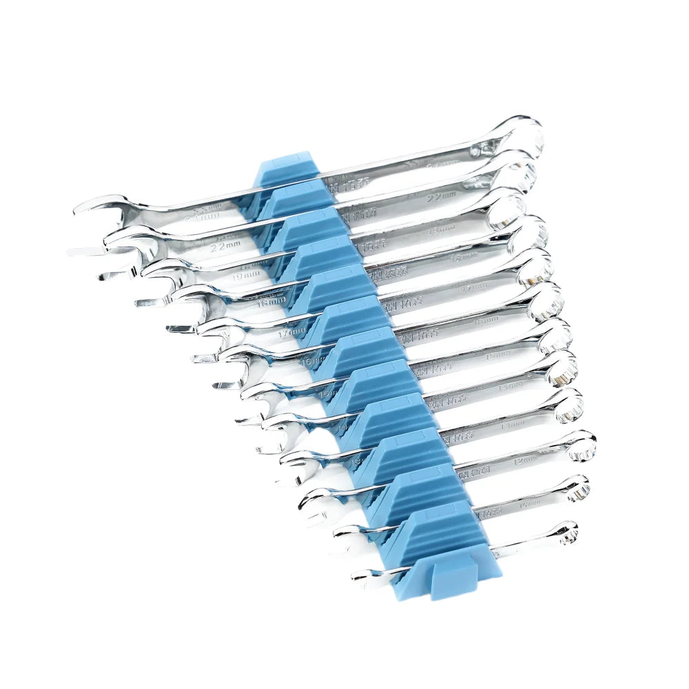 A set of blue modular magnetic wrenches organized in a silver holder.