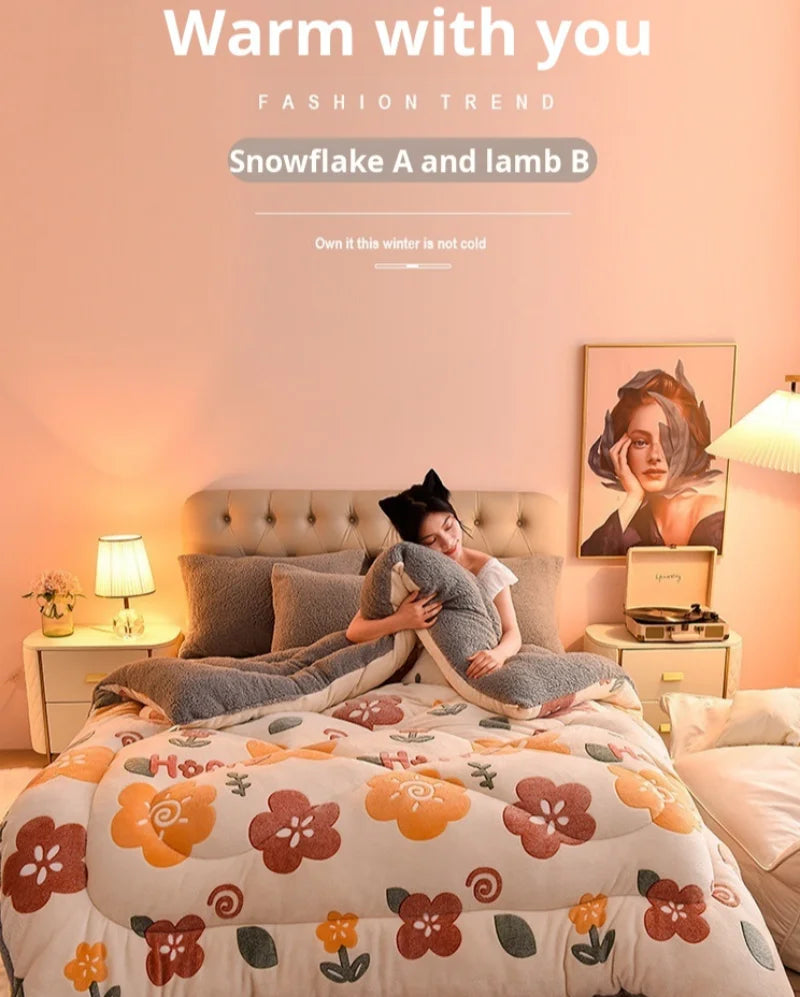 A cozy double-sided velvet warm quilt blanket is displayed on a bed with floral patterns.