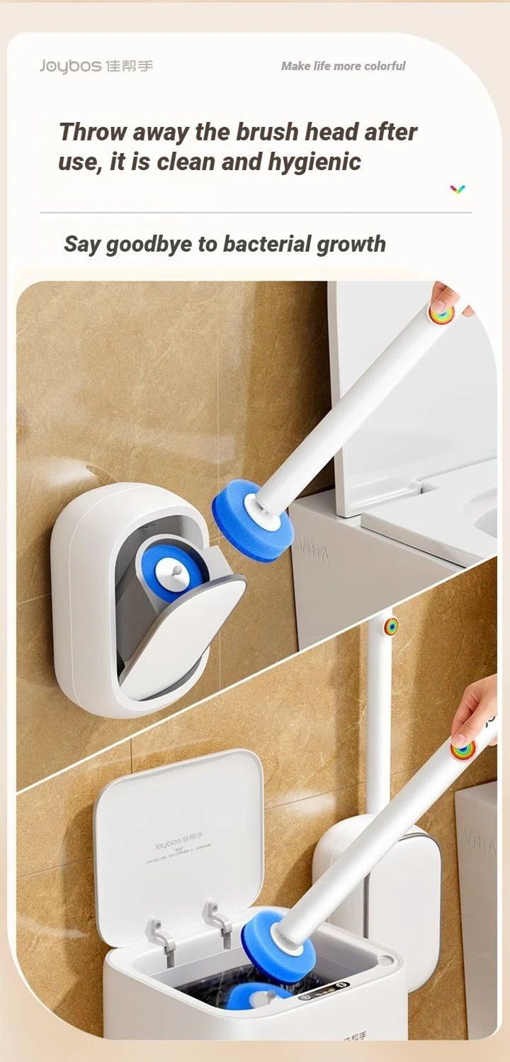 A white wall-mounted disposable toilet brush set with a blue cleaning head is shown in use.