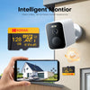 An intelligent monitor camera is shown next to a Kodak microSD card and a hand holding a smartphone displaying a live video f