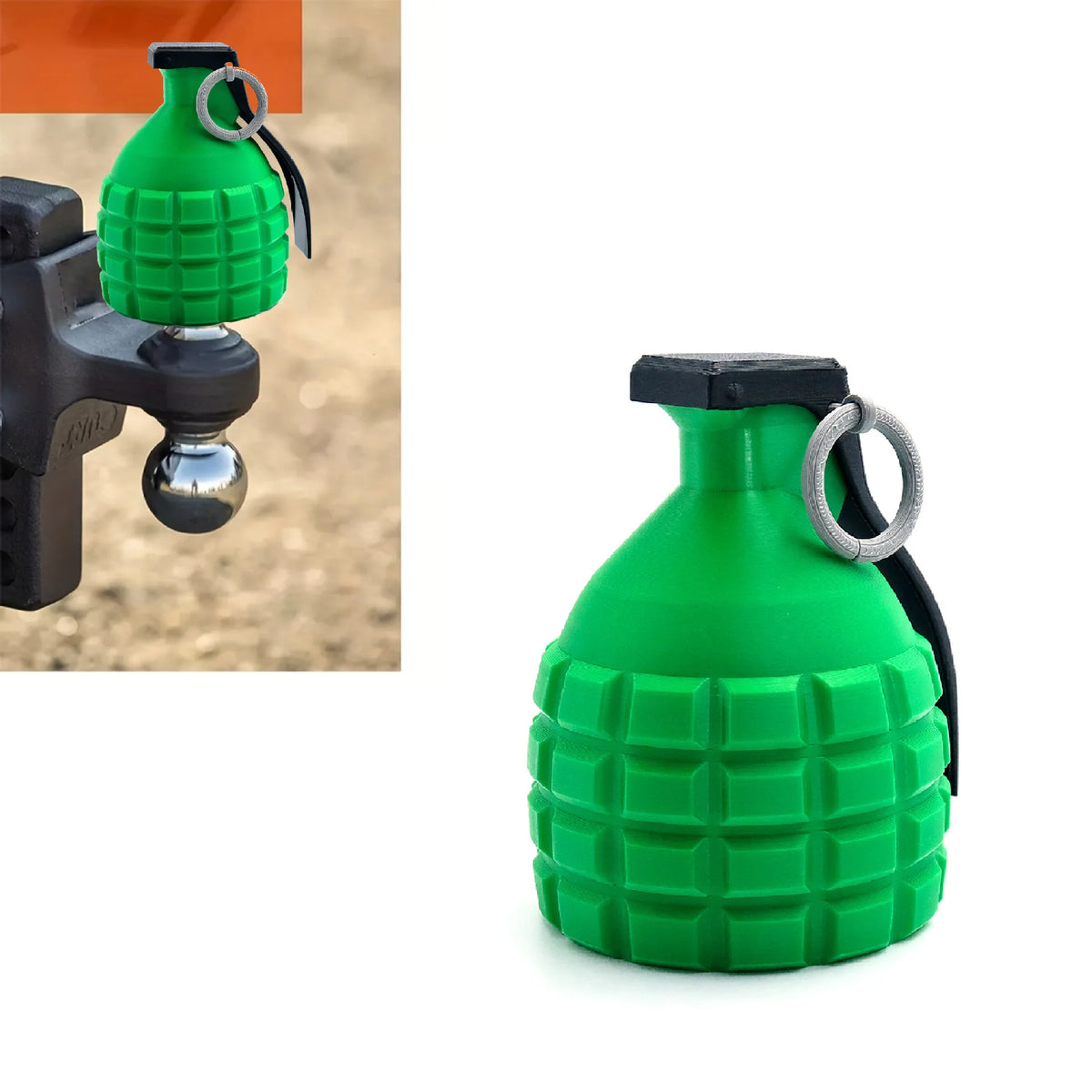 A bright green tow ball cover protector with a metal loop is shown against a neutral background.
