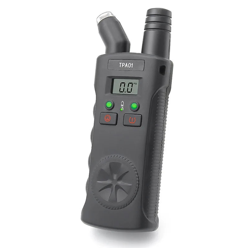A black TPMS relearn tool with a digital tire pressure gauge and a nozzle.