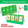 A green flip chart with cards for phrase training featuring numbers and words like ant and tiny ant.