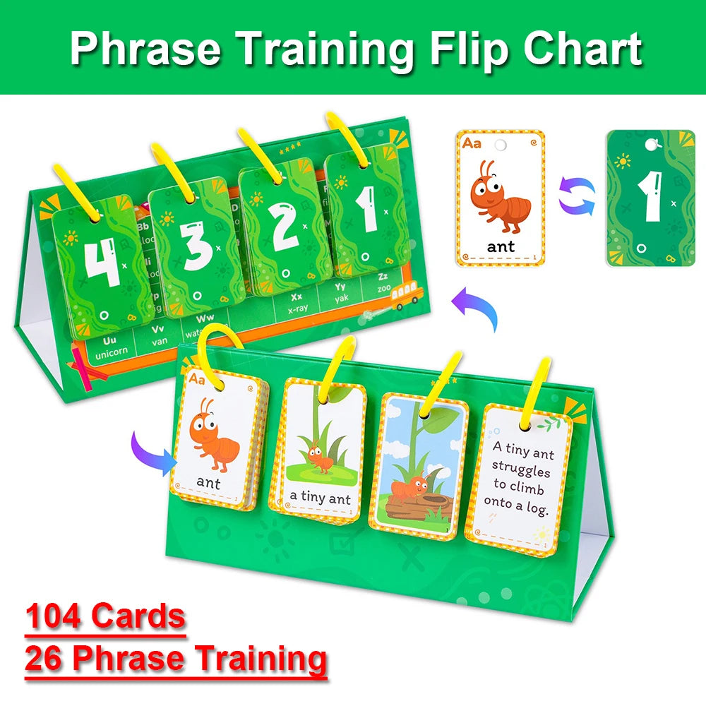A green flip chart with cards for phrase training featuring numbers and words like ant and tiny ant.