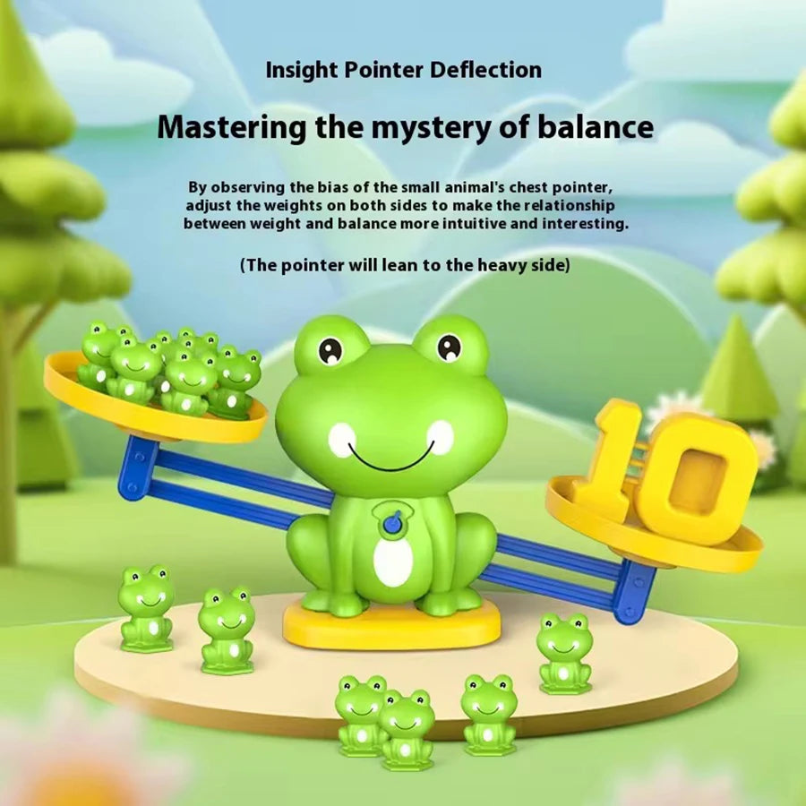 A green frog balance game showing a relationship between weight and balance using small animals.