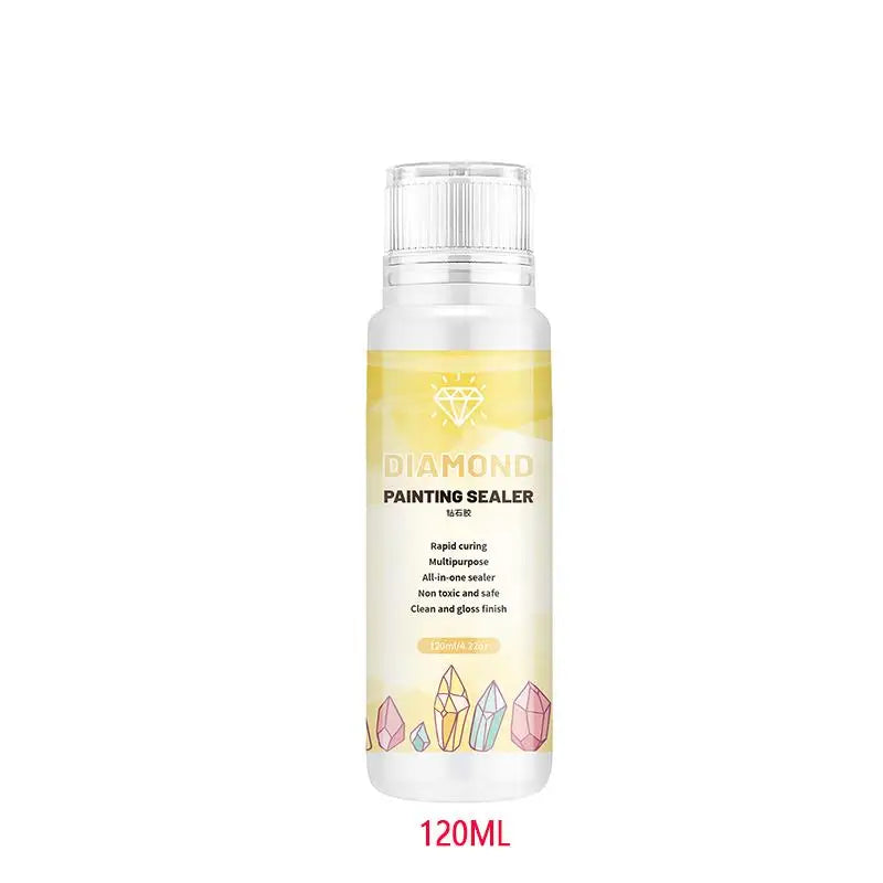 A bottle of Diamond Painting Sealer 120ml with a clear liquid and a white cap.