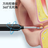 A black ear cleaning tool with a silver tip is shown cleaning the inner ear of a human ear.