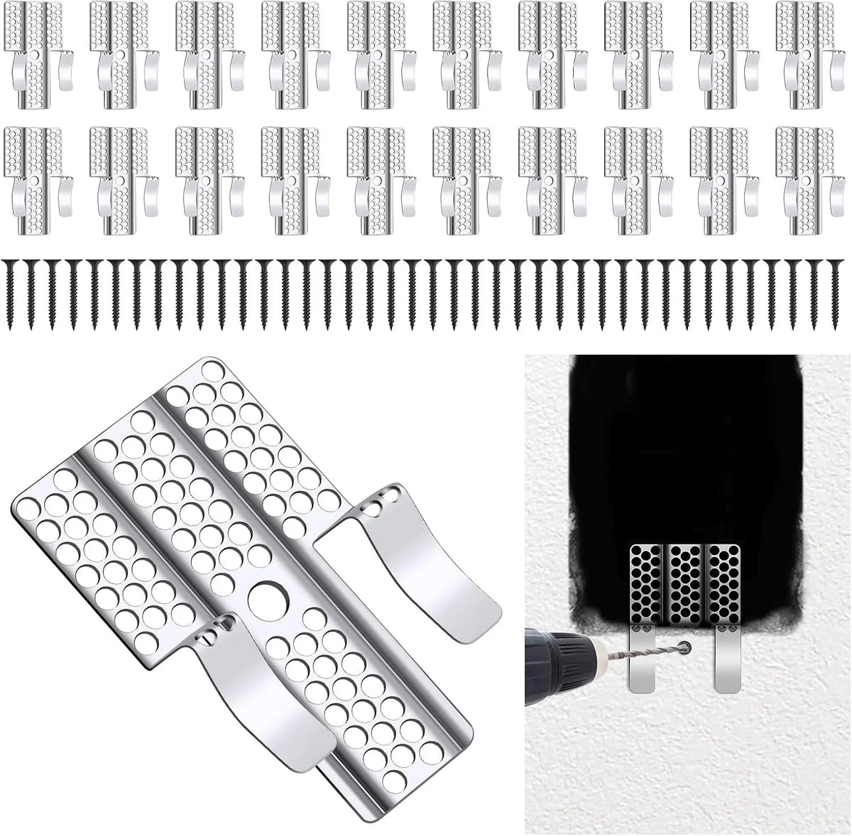 A set of drywall repair clips and screws, including various sizes and types for fastening materials.