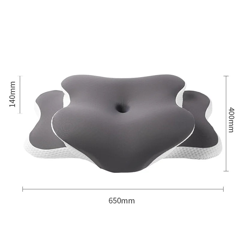 Gray ergonomic memory foam pillow with white textured cover shown from above and side views.