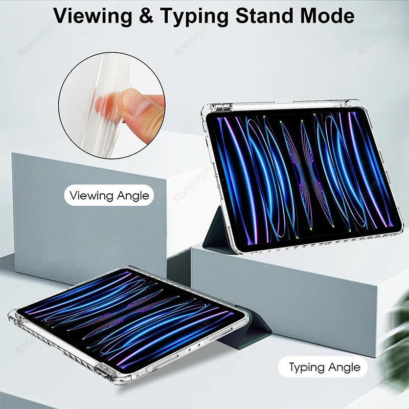 A slim protective iPad case demonstrating viewing and typing angles with visible light effects.