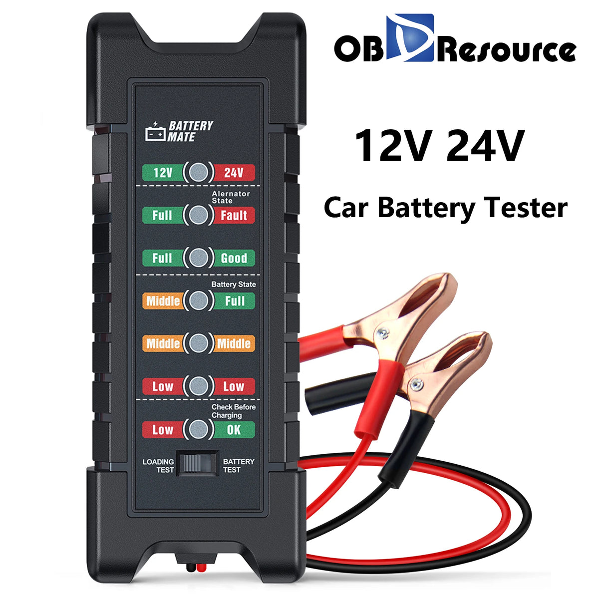 A black car battery tester device with LED indicators and red test leads for checking 12V or 24V battery state.
