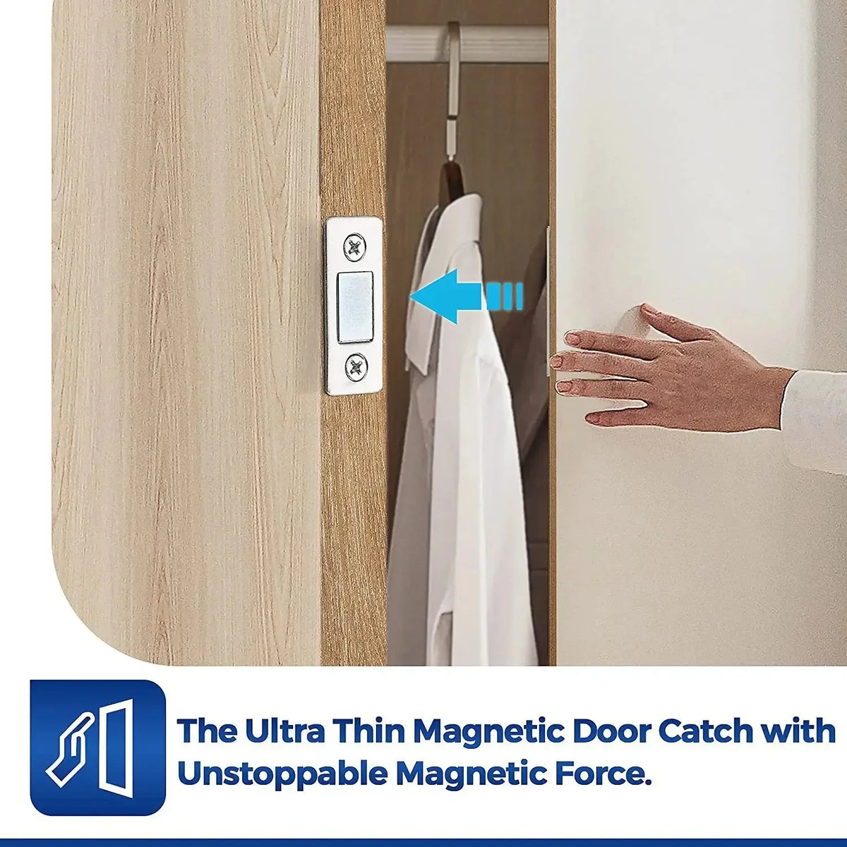 A hand is shown engaging an ultra-thin magnetic door catch on a wooden cabinet door.