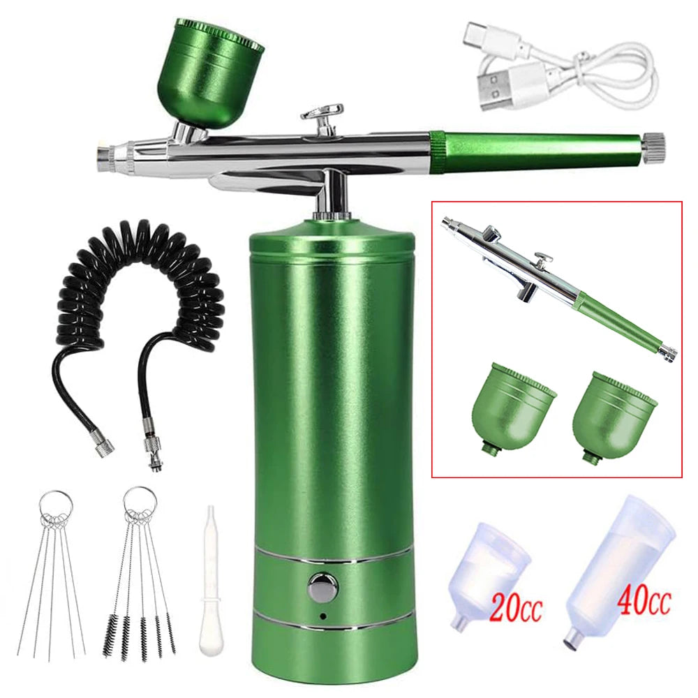 Portable rechargeable nail airbrush kit showing the main unit, accessories, and various sized nozzles.