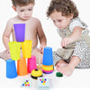 A set of colorful plastic stacking cups and activity cards for toddlers, including purple, yellow, orange, pink, and blue cup