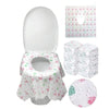 A pack of disposable toilet seat covers in various floral patterns, including a single cover and stacked packs.