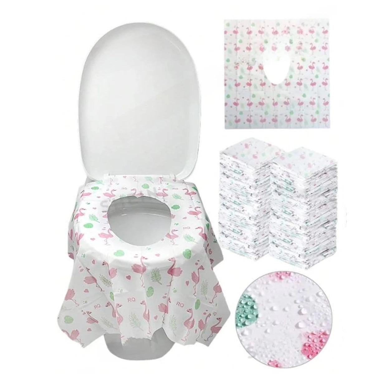 A pack of disposable toilet seat covers in various floral patterns, including a single cover and stacked packs.