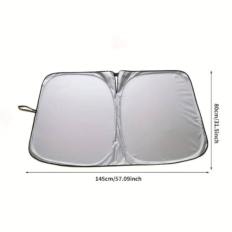 A silver foldable car windshield sunshade with a storage pouch shown flat.