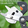 Silver precision grafting pruner with an anti-slip fine-teeth texture blade shown against a green background.