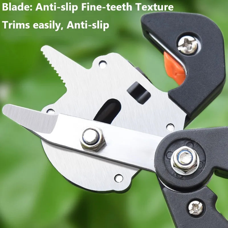 Silver precision grafting pruner with an anti-slip fine-teeth texture blade shown against a green background.