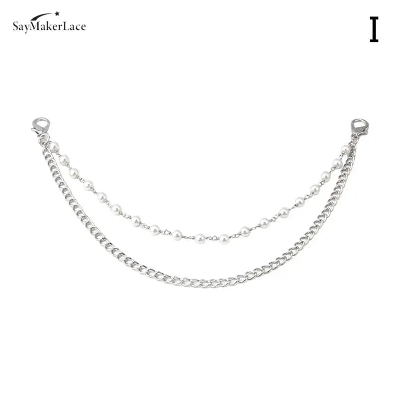 Silver multi-layer chain strap featuring small pearl pendant charms