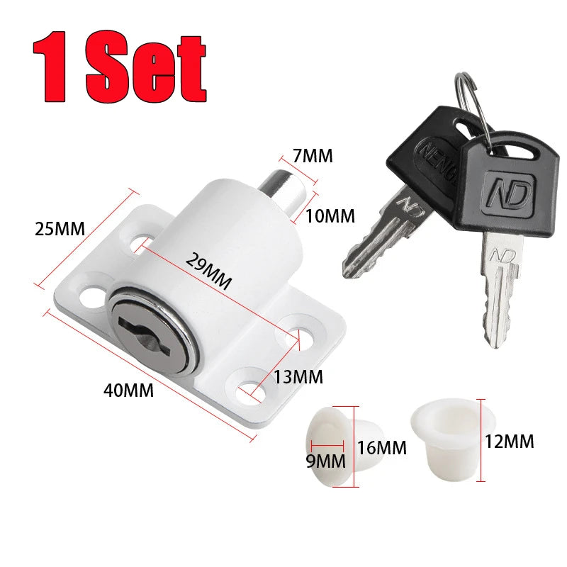 A set of sliding door window locks with two keys and various sized components for child safety and anti-theft.