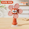 A pink cute fox shaped baby suction cup spinning toy standing on a clear base.