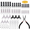 An assortment of zipper repair tools including sliders, pliers, and cutters for various zipper repairs.