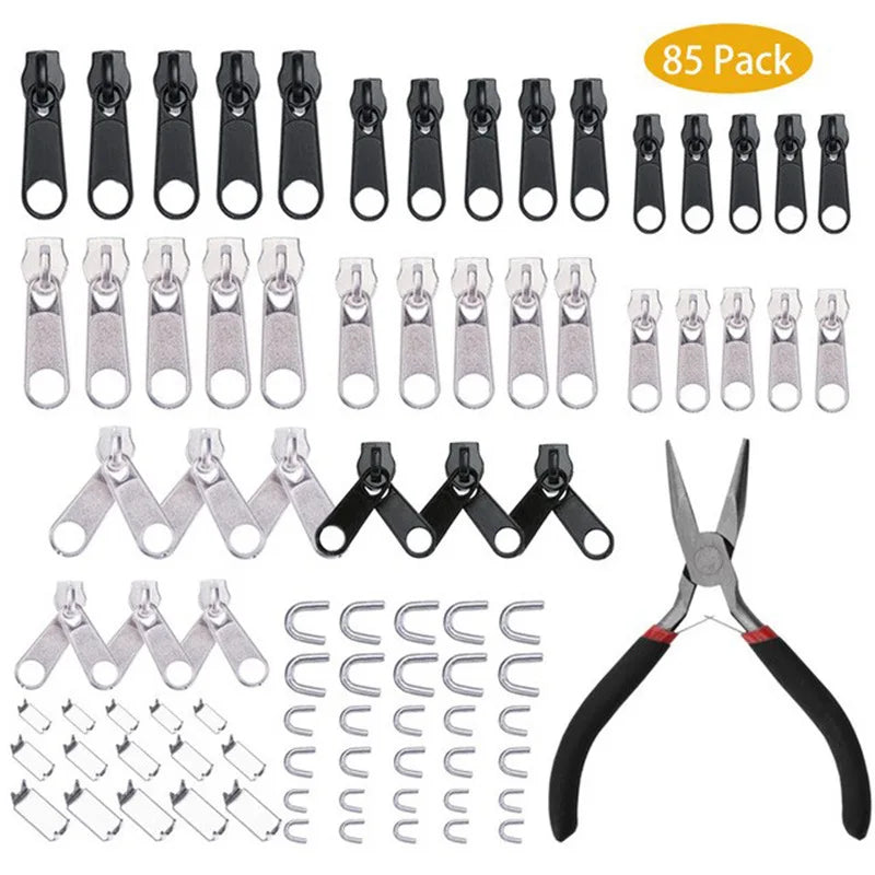 An assortment of zipper repair tools including sliders, pliers, and cutters for various zipper repairs.