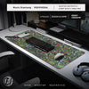 A large gaming mouse pad featuring a vintage city road design placed on a white desk.