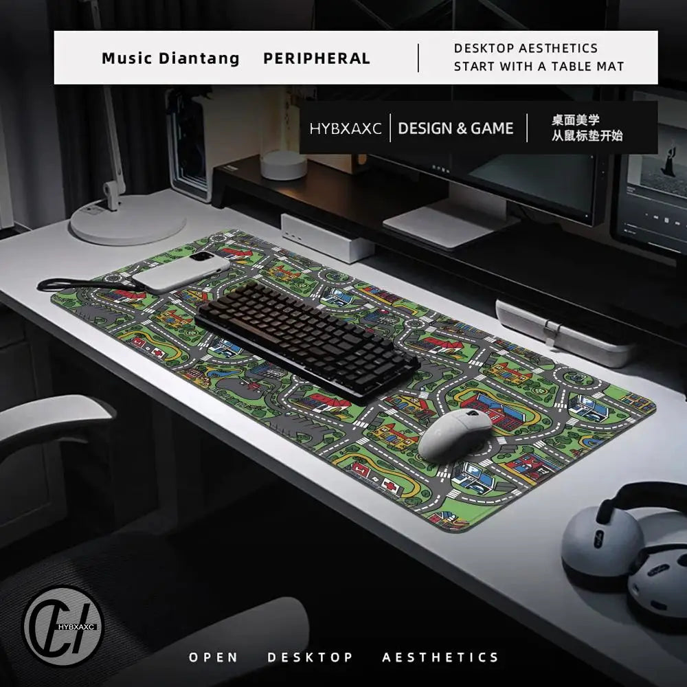 A large gaming mouse pad featuring a vintage city road design placed on a white desk.