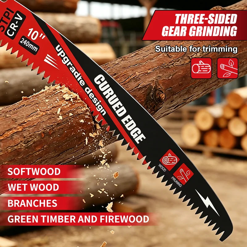 A close-up of a three-sided curved edge gear grinding saw blade designed for trimming wood and branches.