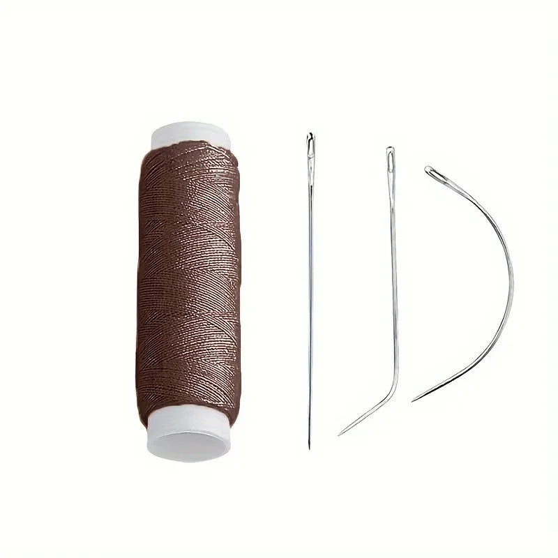 A spool of brown nylon hair weaving thread with a matching needle for hair extensions and wigs.