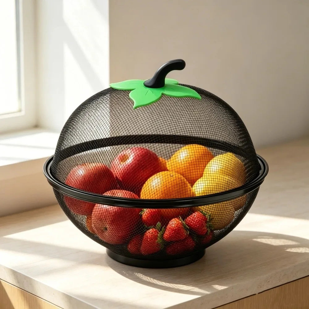 A black metal fruit basket with a green mesh cover filled with various fresh fruits.